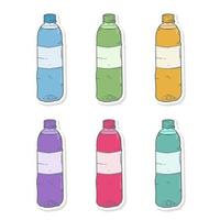 etiqueta engomada de la botella de plástico de dibujos animados dibujados a mano con diferentes colores vector