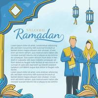 hand drawn welcome ramadan with islamic ornament and muslim character vector