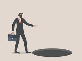 Businessman using a blindfold walks into a hole or trap vector