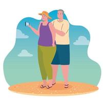 cute old couple taking a selfie with smartphone vector