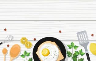 Eggs On Toast with Cooking Utensils on Wooden Table vector