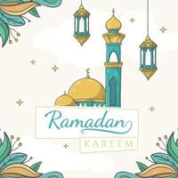 text Ramadan Kareem on paper tags with hand drawn mosque and islamic ornament vector