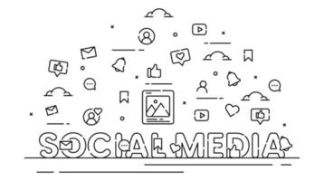 Ilustración de negocios de redes sociales con iconos en estilo de línea vector