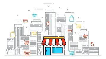 Ilustración de una tienda en la ciudad, estilo de línea. vector