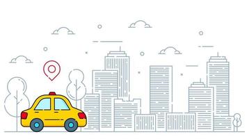 City illustration in line style with car and pin location vector