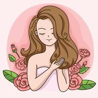 hermosa chica de cabello con rosas fragantes vector