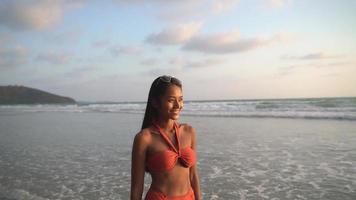 vacker kvinna med mörk hud gå på stranden video