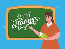 happy teachers day, with teacher and chalkboard vector