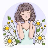 Short haired woman with the fragrance of chamomile flowers vector