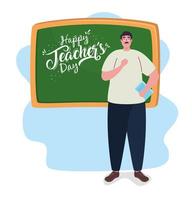 happy teachers day, with teacher and chalkboard vector