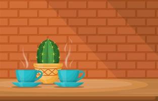 Cups of Hot Drink with a Cactus on a Table by a Brick Wall vector