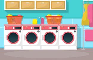 Laundromat with Washing Machines and Baskets vector