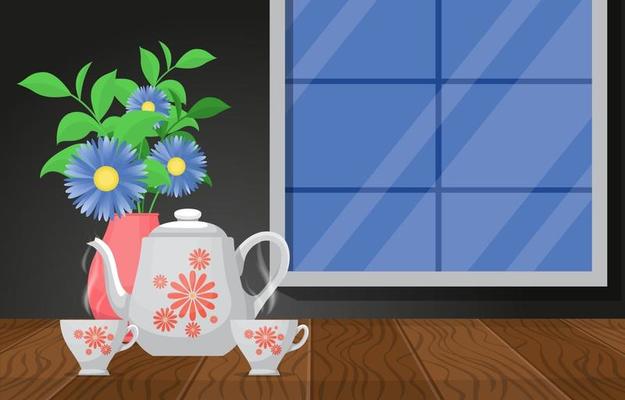 Cups of Hot Tea with a Teapot and Flowers on a Wooden Table by a Window