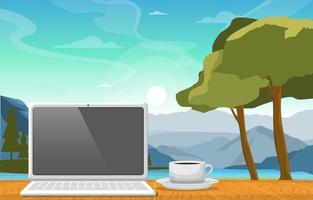 computadora portátil con una taza de té en una mesa en la ilustración de vista del lago de montaña vector