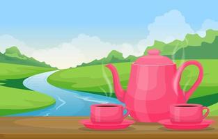 Teapot and Cups on Table with View of River and Forest Landscape vector