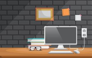 Computer and Eyeglasses on Office Table Illustration