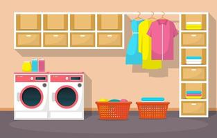 Laundromat with Washing Machines and Shelves vector