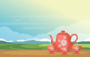 Cups of Tea and Teapot on a Table with a Nature View vector