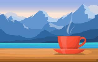 una taza de té en una mesa junto a una vista del lago de montaña vector