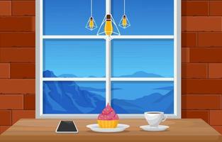 Coffee and Snack at Restaurant with Mountain View Illustration vector