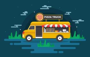 camión de comida vendiendo pizza por la noche vector