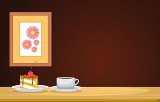 A Cup of Tea and Pie on Wooden Table with a Framed Picture vector