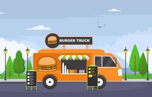 Food Truck Selling Burgers in the Park vector