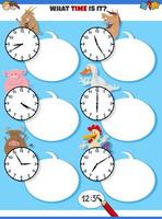 telling time educational task with cartoon farm animals vector