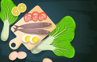 Fish, Eggs and Vegetables on a Cutting Board vector