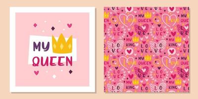 Plantilla de diseño de tarjeta de felicitación de San Valentín. amor, corazón, anillo, corona. patrón transparente, textura, fondo. vector