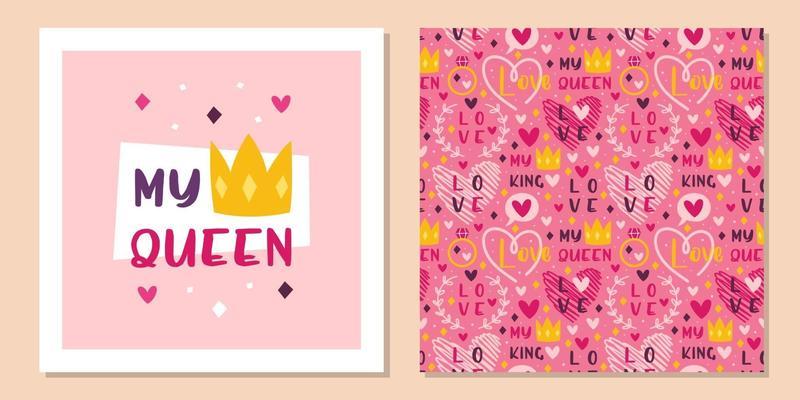 St Valentine's Day greeting card design template. Love, heart, ring, crown. Seamless pattern, texture, background.