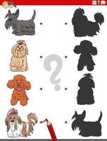 Tarea de sombra con divertidos personajes cómicos de perros de raza pura vector