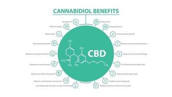 Information poster of Cannabidiol Benefits with infographic and cannabidiol chemical formula in the middle vector