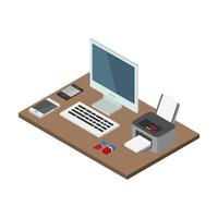 Isometric Office Desk On White Background vector