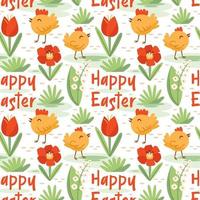Happy Easter decoration. Chick, chicken, flower, grass. Seamless pattern, texture, background. vector