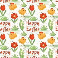 Happy Easter decoration. Chick, chicken, flower, grass. Seamless pattern, texture, background. vector