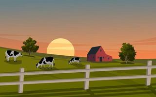 Vector Grazing Cows on Sunset