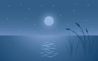 Vector Starry Night with Lake and Grass