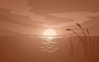 Vector ilustración espectacular puesta de sol nublado con hierba y lago
