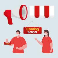 coming soon and open again labels, with couple wearing medical mask vector