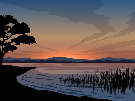 Tranquil Lake Sunset with Tree Silhouette