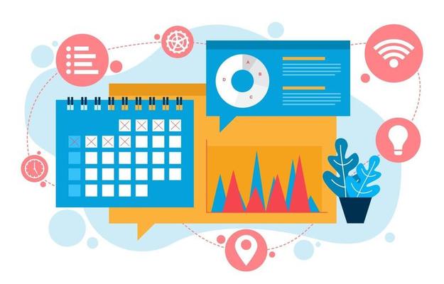 Digital Marketing Symbols with Data Charts and Calendar