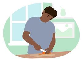 Flat vector illustration man character cheerful preparing cooking food at home. Proper nutrition, boy cooks in the kitchen. Cuts vegetables for salad.