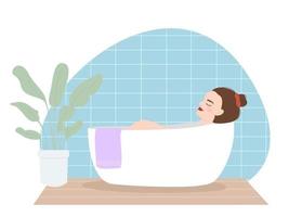 Ilustración vectorial de una hermosa joven cansada toma un baño después de un día ajetreado. la vida cotidiana y la vida cotidiana en un estilo plano. una mujer se relaja en el baño con una planta casera de estilo escandinavo vector