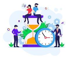 Time management concept with people working near a big clock and hourglass flat vector illustration