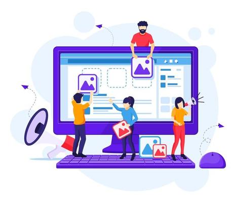 Digital Marketing concept, people are putting content on-screen to promote products online flat ector illustration