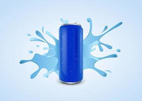 Blue ice cold soda can with water drops on splashing water background, vector illustration