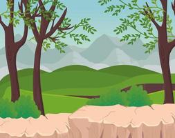 landscape with trees and shrubs in front of mountains vector design