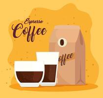 espresso coffee with cups and coffee package vector