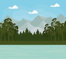 Landscape with pine trees and sea in front of mountains vector design